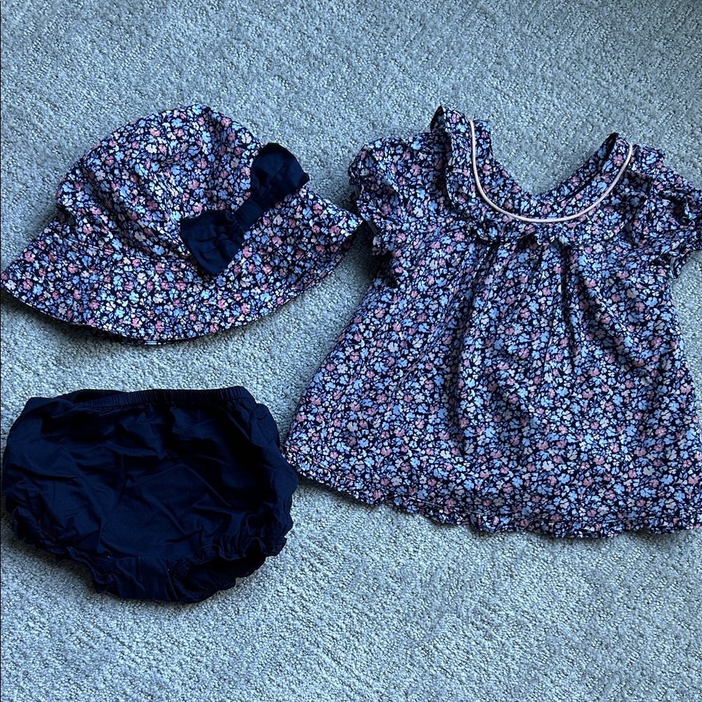 Janie and Jack Navy Floral Hat and Dress Set